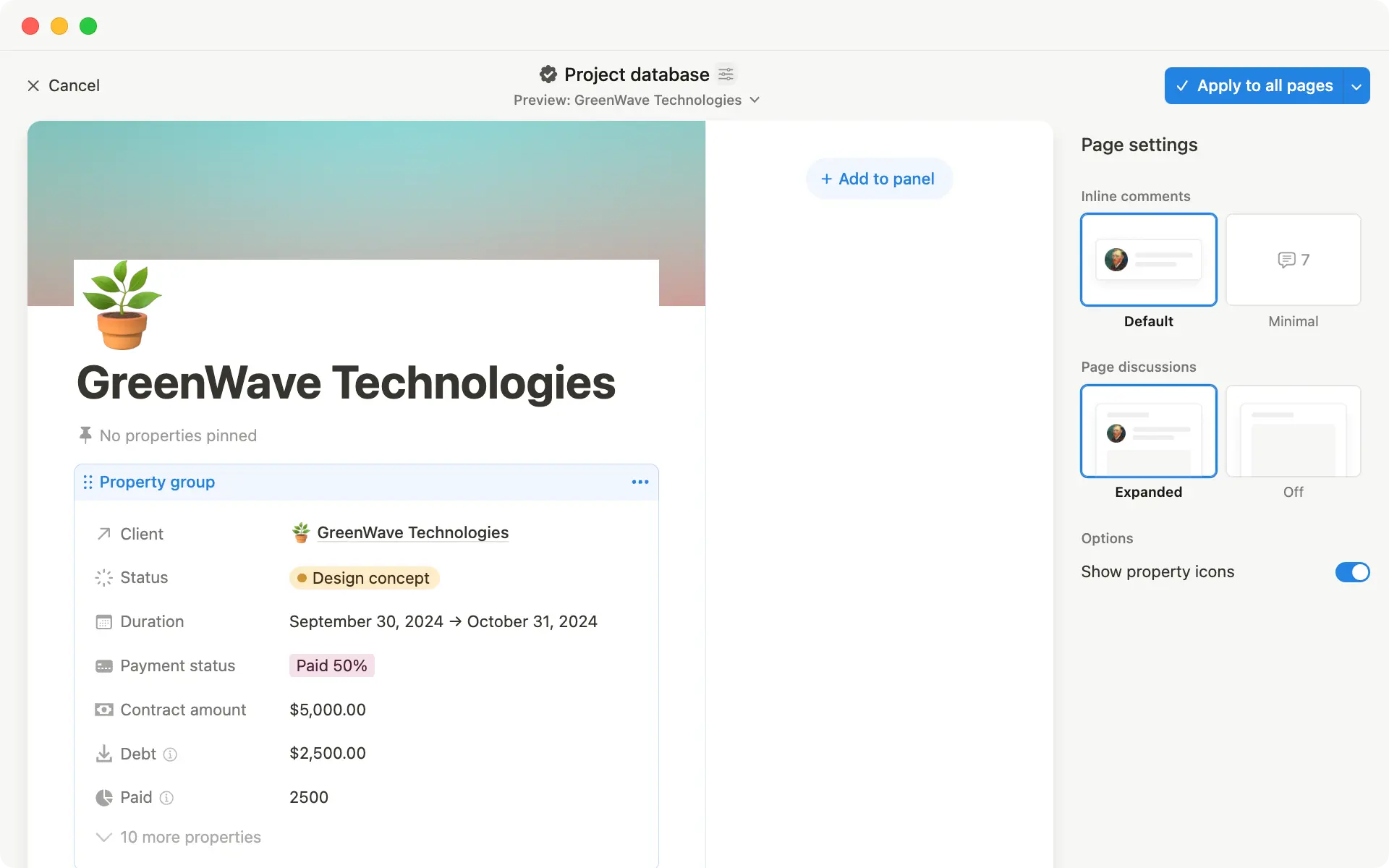 O criador de layouts permite que você personalize tudo na página da base de dados — desde fixar propriedades até criar um novo painel lateral.