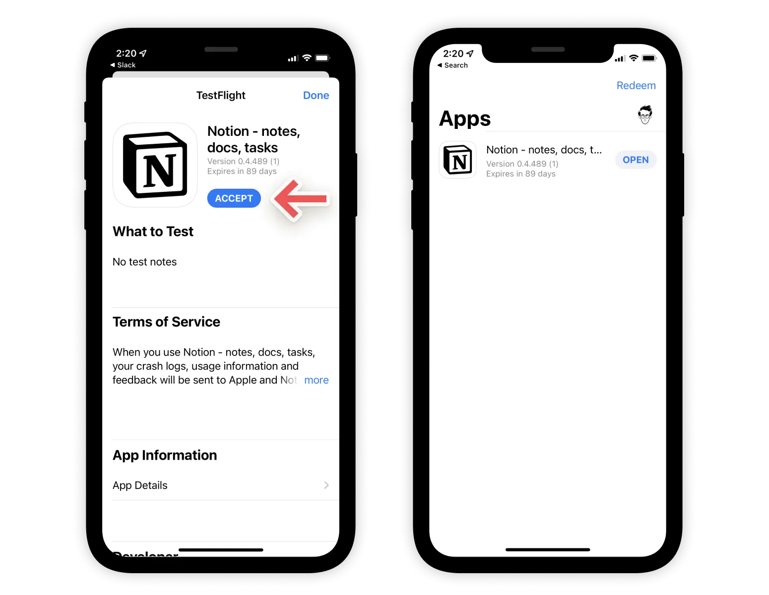 Capturas de tela que mostram como usar o TestFlight para se cadastrar no programa beta de teste do Notion para iOS.