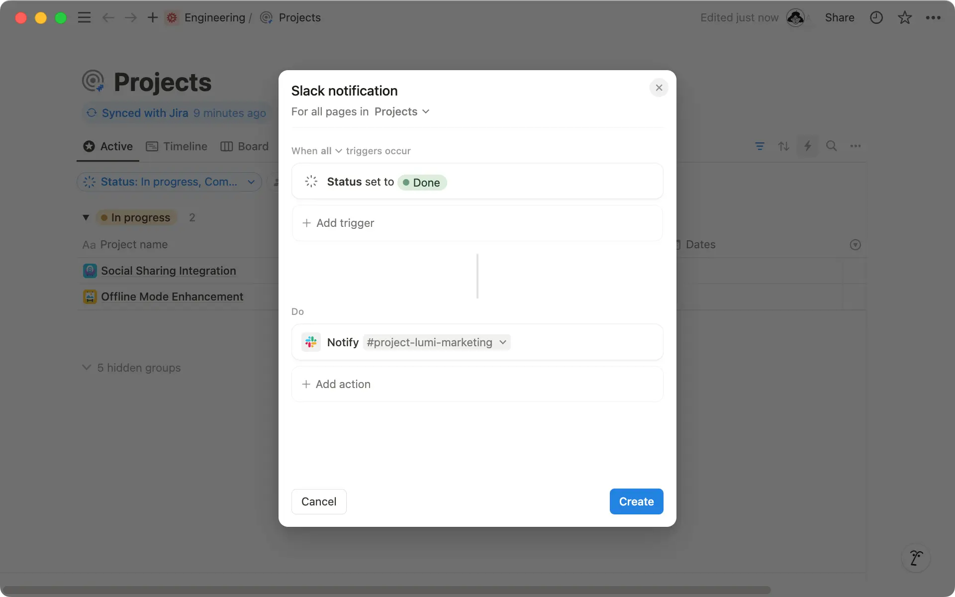 Escolha um canal do Slack para receber notificações quando os projetos forem concluídos.