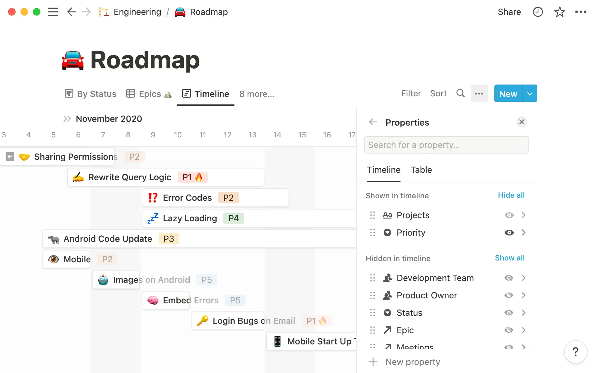 Você pode customizar as propriedades exibidas em sua visualização de cronograma.