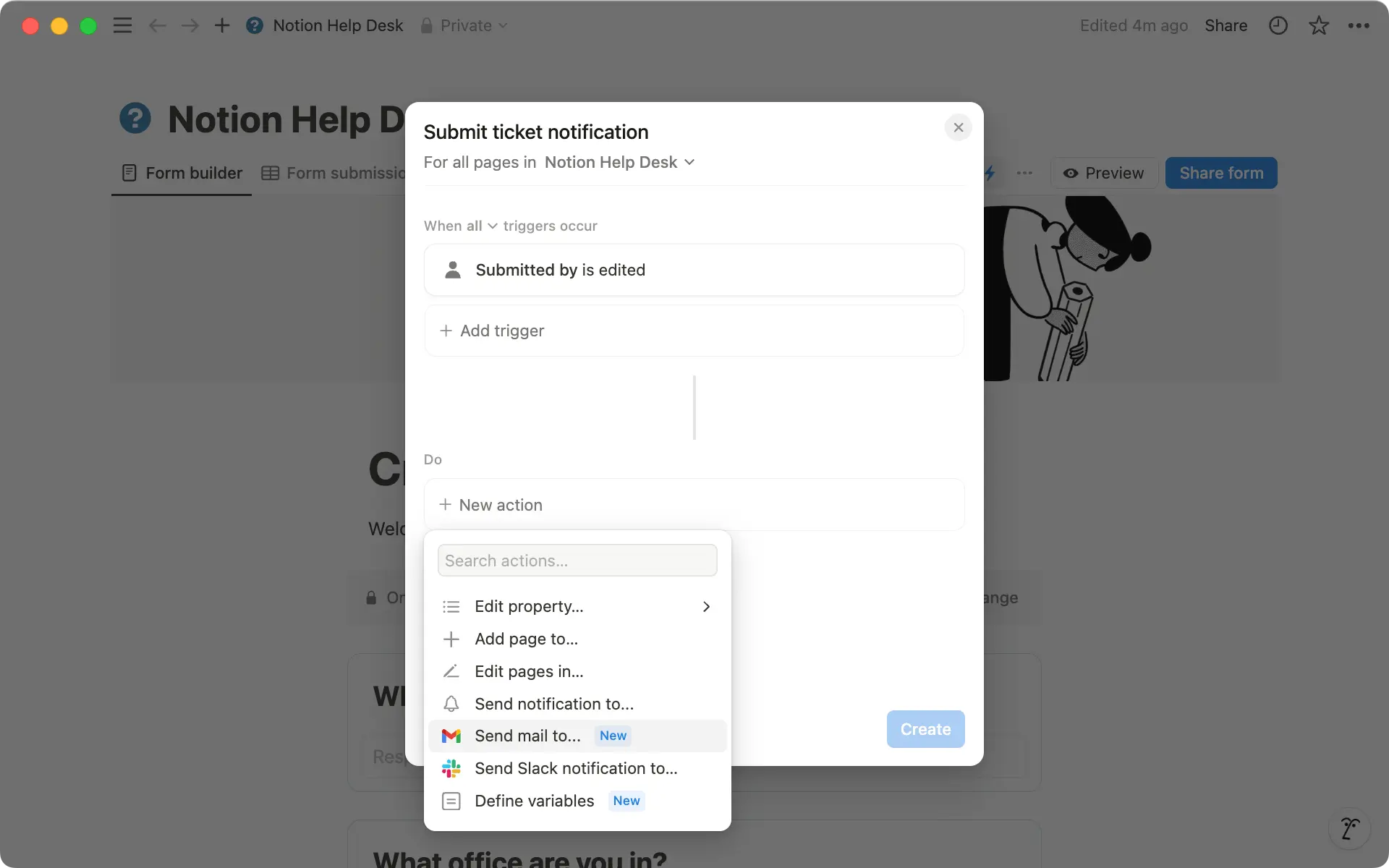 Para enviar notificações personalizadas, escolha entre o Slack ou o Gmail na seção de ação da automação.