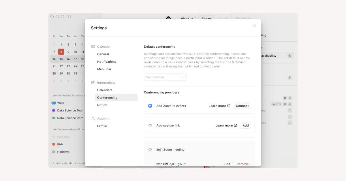 CA: Integrações de conferência e API do Notion Calendar