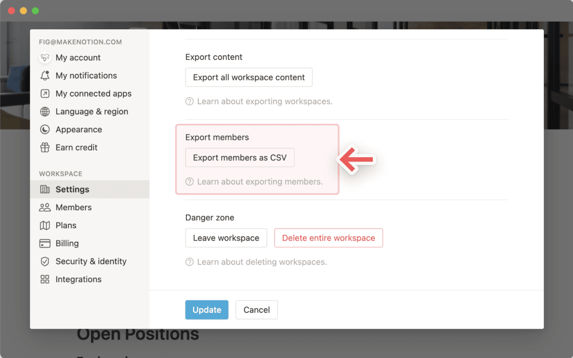 Configuración del espacio de trabajo - exportar miembros del espacio de trabajo