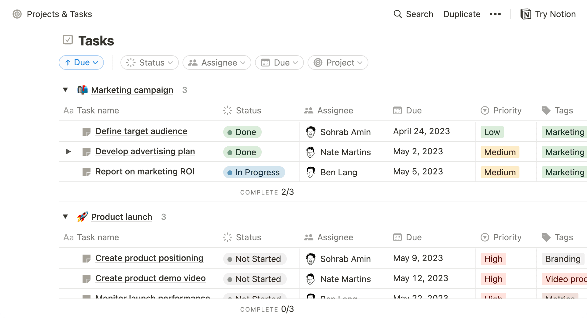 O modelo Projetos e Tarefas que você pode adicionar ao seu espaço de trabalho do Notion.
