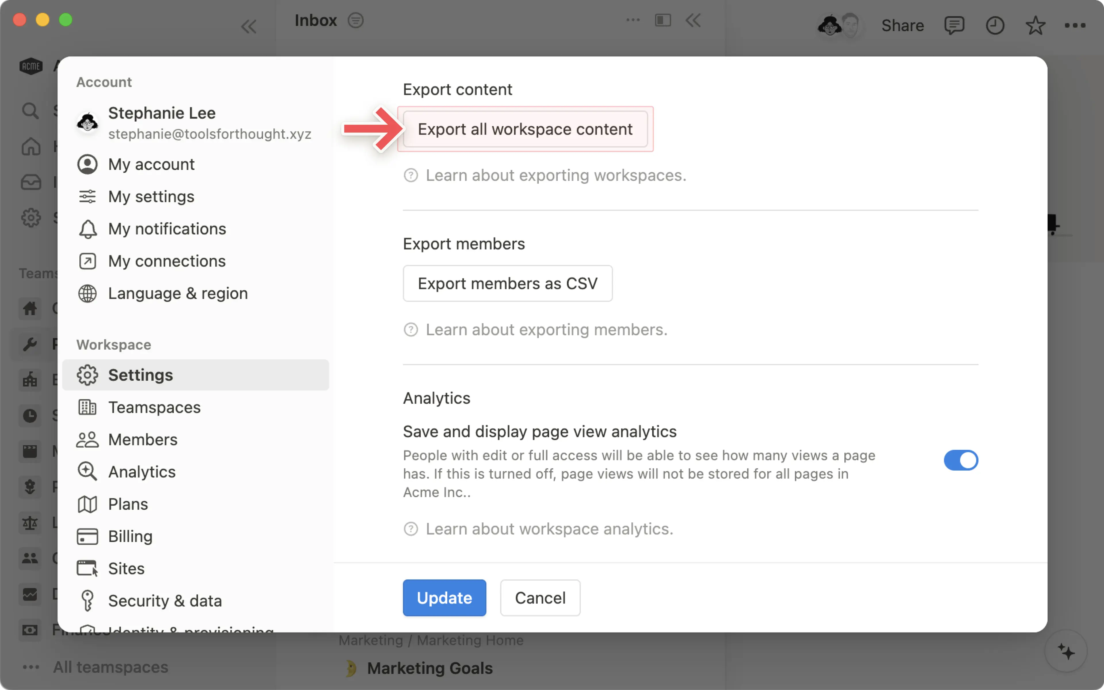 Configurações de espaço de trabalho - exportar todo o espaço de trabalho