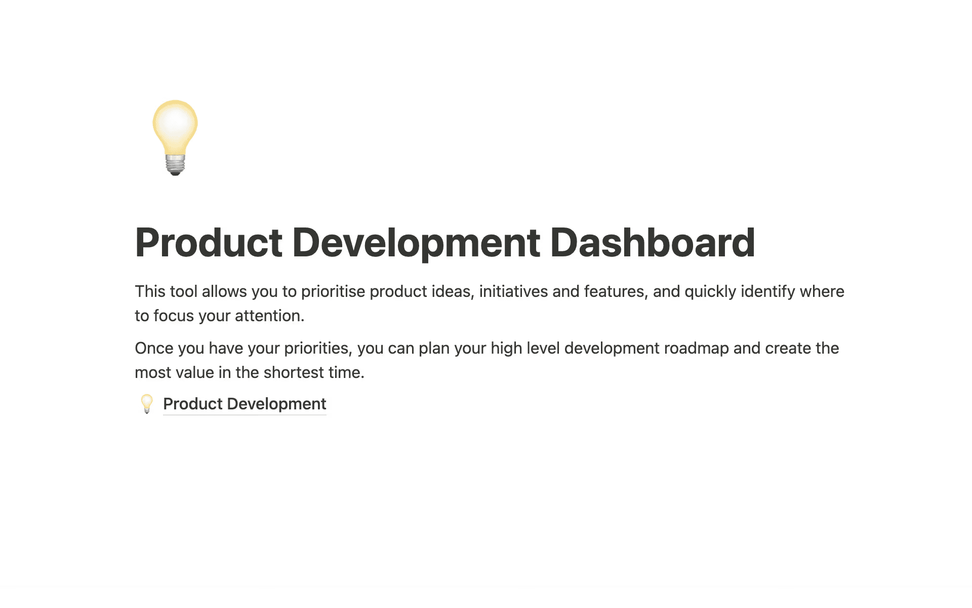 Notion product development dashboard template