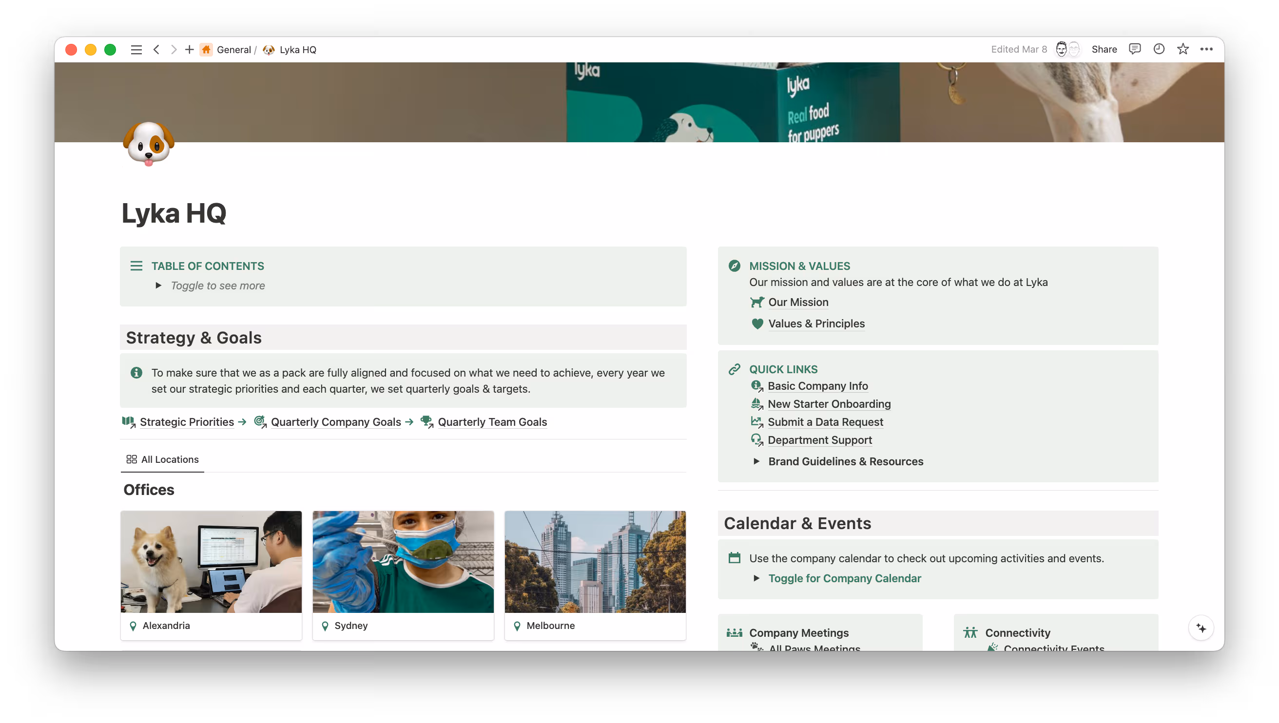 The Lyka HQ wiki is where all important company-wide information lives, like overall strategy, mission and vision, and upcoming company events.