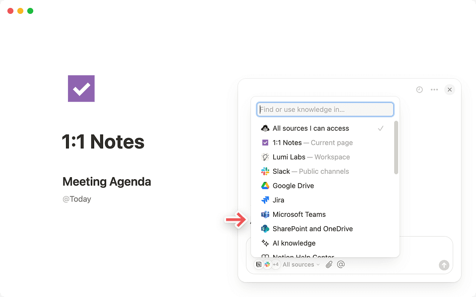 Selecione a opção + Conectar aplicativos na guia "Todas as fontes" do chat da IA do Notion para começar.