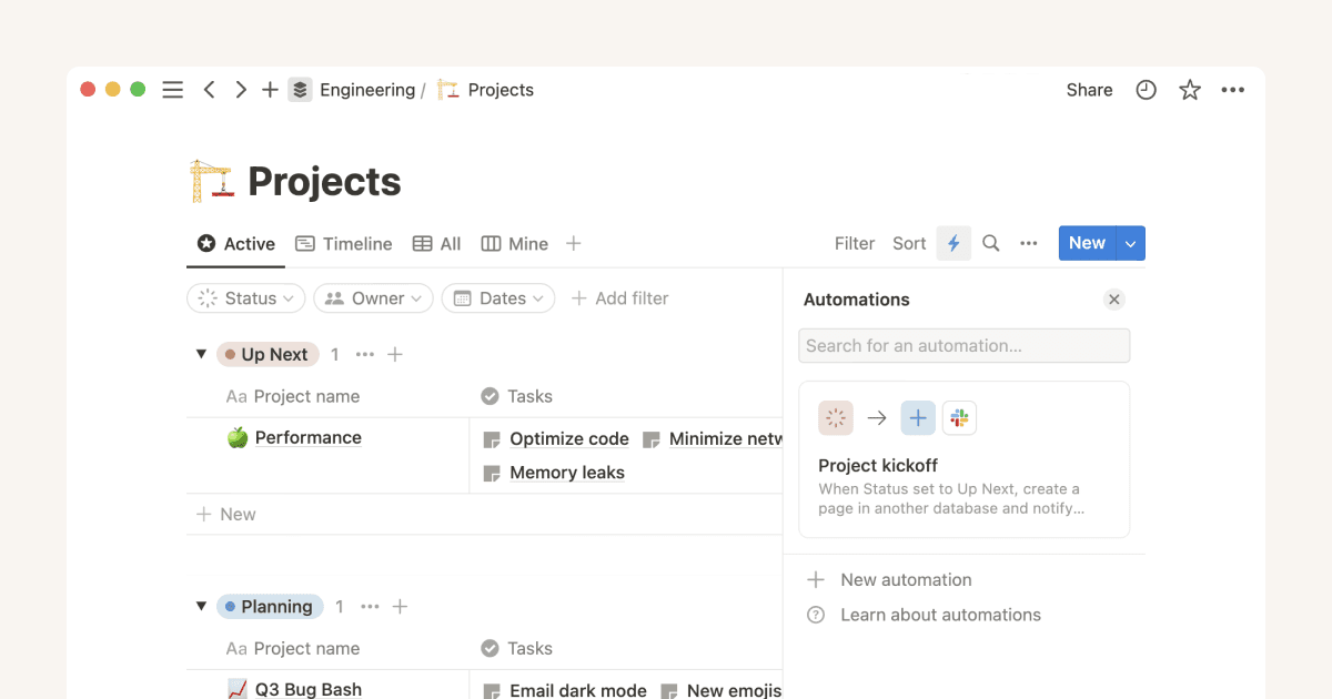 Crie fluxos de trabalho simplificados de gerenciamento de projetos usando automações de base de dados