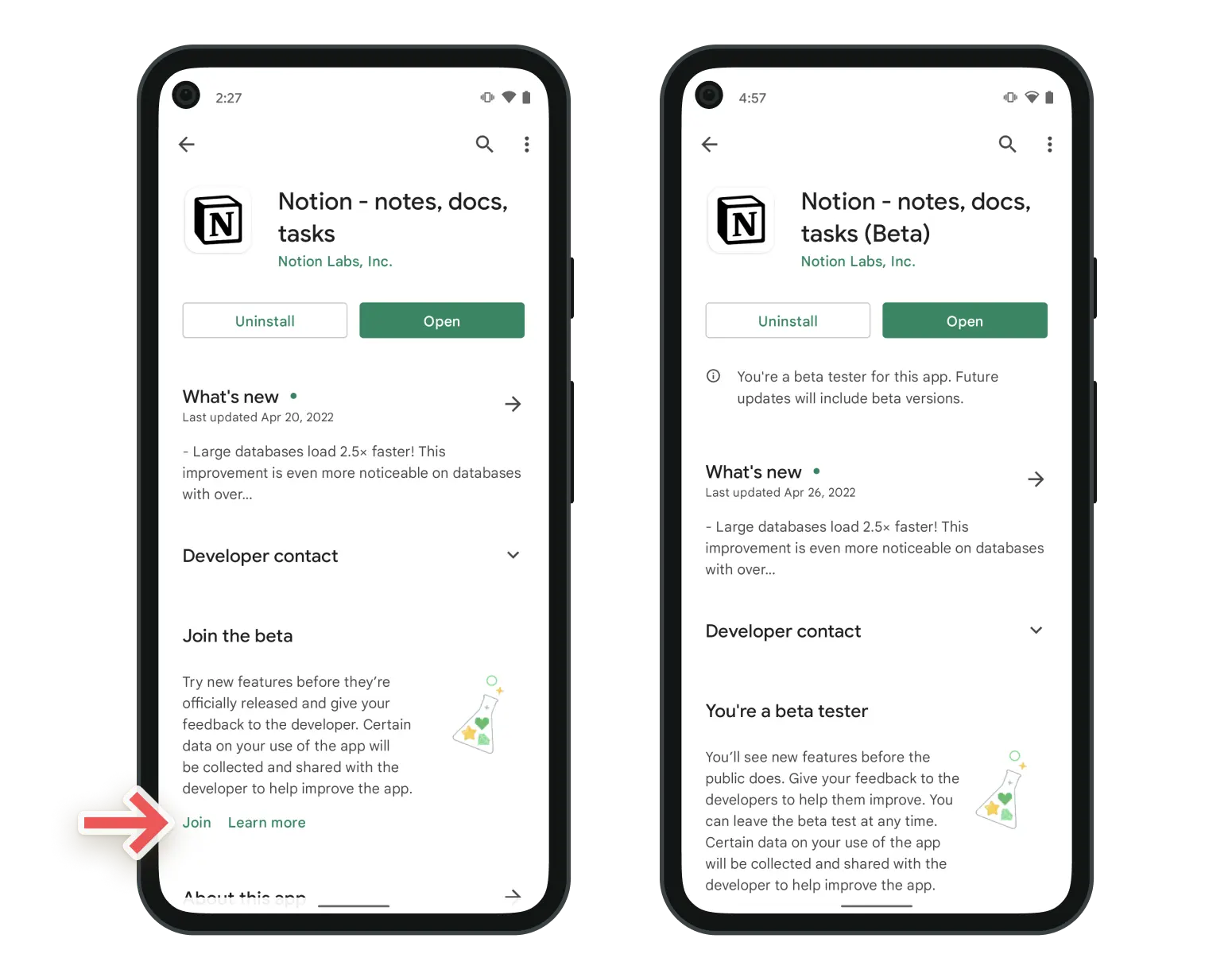 Capturas de tela que mostram como usar o TestFlight para se cadastrar no programa beta de teste do Notion para Android na Google Play Store.
