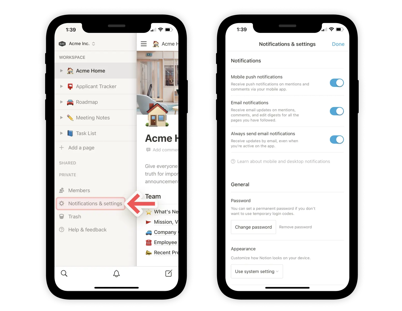 Configurações de notificação - dispositivo móvel