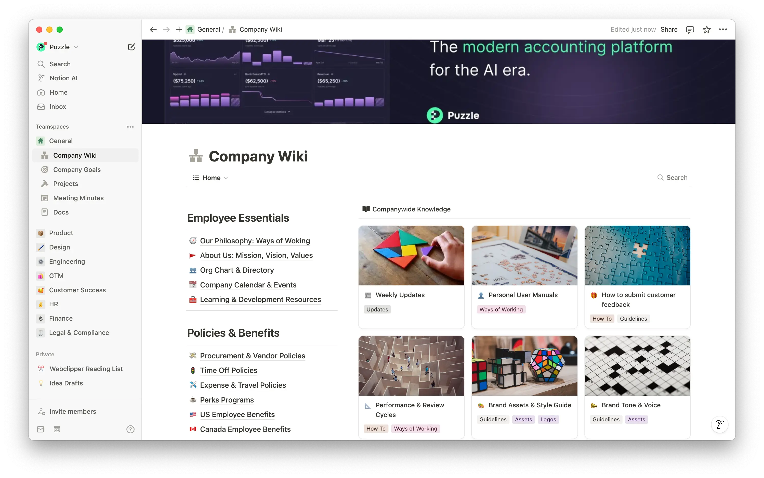 A fonte central da Puzzle para todo o conhecimento da empresa. Fácil de atualizar, rápida de encontrar e perfeitamente conectada a todo o nosso trabalho.