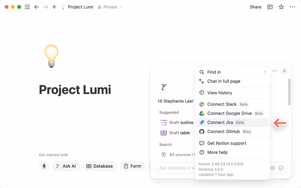 Para conectar o JIRA, clique no menu de três pontos no canto superior direito da caixa do chat da IA do Notion.