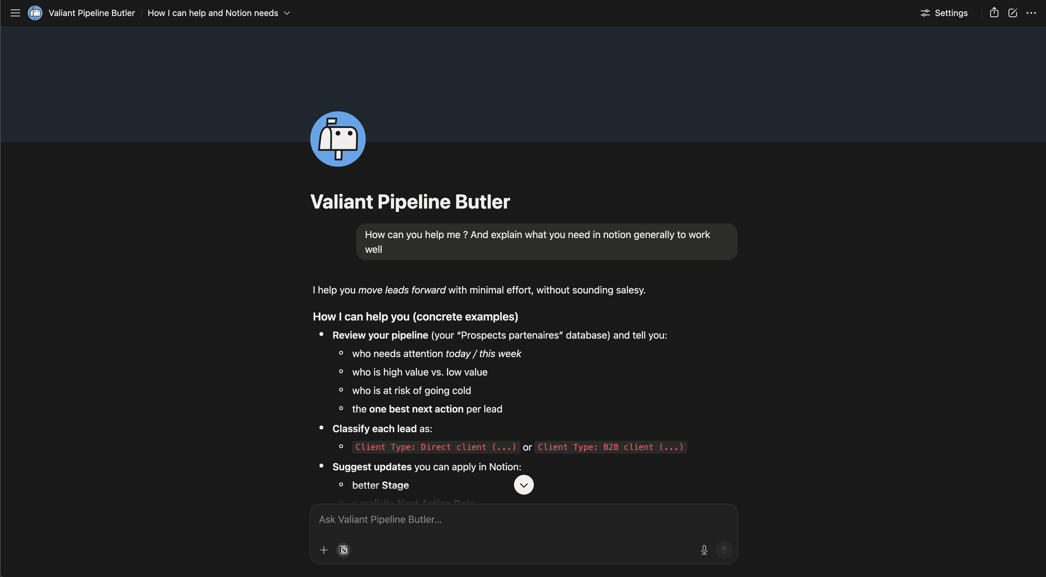 Valiant Pipeline Butler